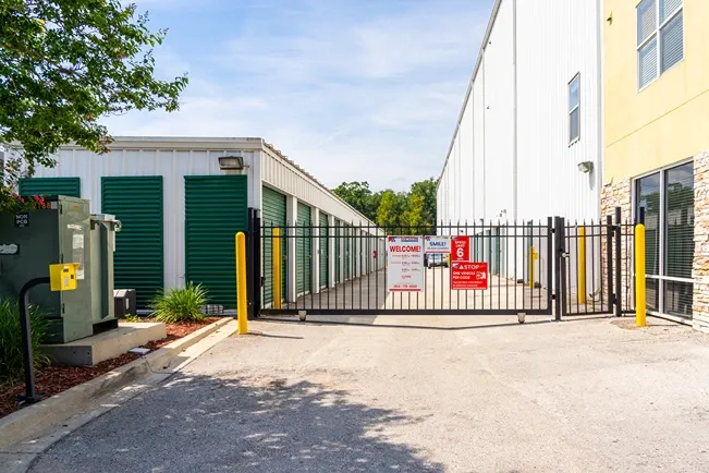 Gated self storage facility entrance with secure keypad access